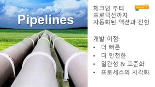 체크인 부터
프로덕션까지
자동화된 액션과 전환
개발 이점:
• 더 빠른
• 더 안전한
• 일관성 & 표준화
• 프로세스의 시각화
Pipelines
 