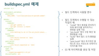 buildspec.yml 예제
version: 0.1
environment_variables:
plaintext:
JAVA_HOME: "/usr/lib/jvm/java-8-openjdk-amd64"
phases:
install:
commands:
- apt-get update -y
- apt-get install -y maven
pre_build:
commands:
- echo Nothing to do in the pre_build phase...
build:
commands:
- echo Build started on `date`
- mvn install
post_build:
commands:
- echo Build completed on `date`
artifacts:
type: zip
files:
- target/messageUtil-1.0.jar
discard-paths: yes
• 빌드 단계에서 사용할 변수
• 빌드 단계에서 수행할 수 있는
작업의 예:
• “install” 에서 환경을 준비하기
위해 패키지를 설치하거나
명령을 실행 가능
• “pre_build” 에서 구문 확인 및
명령들을 수행
• ”build” 에서 빌드 도구/명령을
실행
• “post_build” 에서 추가적인 앱
테스트 또는 저장소로 컨테이너
이미지를 저장
• S3 에 아티팩트를 생성 및 저장
 