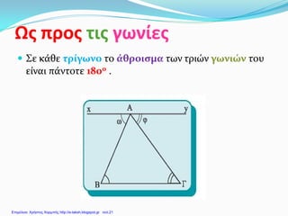 Ως προς τις γωνίες
 Σε κάθε τρίγωνο το άθροισμα των τριών γωνιών του
είναι πάντοτε 180ο .
Επιμέλεια: Χρήστος Χαρμπής http://e-taksh.blogspot.gr σελ.21
 