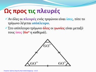 Ως προς τις πλευρές
Αν όλες οι πλευρές ενός τριγώνου είναι ίσες, τότε το
τρίγωνο λέγεται ισόπλευρο.
Στο ισόπλευρο τρίγωνο όλες οι γωνίες είναι μεταξύ
τους ίσες (60ο η καθεμιά).
Επιμέλεια: Χρήστος Χαρμπής http://e-taksh.blogspot.gr σελ.23
 