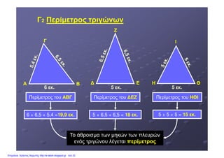 ΓΓ22 Περίµετρος τριγώνωνΠερίµετρος τριγώνων
ΖΖ
ΙΙΓΓ
ΕΕ ΗΗ ΘΘ
5 εκ.5 εκ.6 εκ.
ΑΑ ΒΒ
Περίµετρος του ΑΒΓΑΒΓ Περίµετρος του ΕΖΕΖ Περίµετρος του ΗΘΙΗΘΙ
Το άθροισµα των µηκών των πλευρών
ενός τριγώνου λέγεται περίµετροςπερίµετρος
6 + 6,5 + 5,4 =19,9 εκ.19,9 εκ. 5 + 6,5 + 6,5 = 18 εκ.18 εκ. 5 + 5 + 5 = 15 εκ.15 εκ.
Επιμέλεια: Χρήστος Χαρμπής http://e-taksh.blogspot.gr σελ.33
 