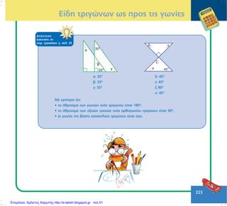 223
ÁðÜíôçóç
Üóêçóçò óô
ôåôñ. åñãáóéþí ã, óåë. 35
á: 35° ä: 45°
â: 35° å: 45°
ã: 55° æ: 90°
ç: 45°
Ìå êñéôÞñéï üôé:
• ôï Üèñïéóìá ôùí ãùíéþí åíüò ôñéãþíïõ åßíáé 180°,
• ôï Üèñïéóìá ôùí ïîåéþí ãùíéþí åíüò ïñèïãùíßïõ ôñéãþíïõ åßíáé 90°,
• ïé ãùíßåò ôçò âÜóçò éóïóêåëïýò ôñéãþíïõ åßíáé ßóåò.
Åßäç ôñéãþíùí ùò ðñïò ôéò ãùíßåò
Επιμέλεια: Χρήστος Χαρμπής http://e-taksh.blogspot.gr σελ.51
 