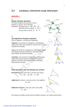 1
γωνία
γωνία
γωνία
κορυφή
κορυφή
κορυφή
πλευρά πλευρά
πλευρά
ΓΒ
Α
Μ ΓΒ
Α
Μ ΓΒ
Α
Μ ΓΒ
Α
ΓB
A
ΓB
A
Γ
B
A
3.1 ΣΤΟΙΧΕΙΑ ΤΡΙΓΩΝΟΥ ΕΙ∆Η ΤΡΙΓΩΝΩΝ
ΘΕΩΡΙΑ
1.
Κύρια στοιχεία τριγώνου
Τα κύρια στοιχεία ενός τριγώνου είναι οι
πλευρές, οι γωνίες και οι κορυφές.
Ονοµασία : Πλευρές είναι οι ΑΒ , ΒΓ , ΑΓ
Κορυφές είναι τα σηµεία Α , Β, Γ
Γωνίες είναι οι γωνίες Α , Β , ɵΓ
2.
∆ευτερεύοντα στοιχεία τριγώνου
Είναι οι διάµεσοι , τα ύψη και οι διχοτόµοι
∆ιάµεσος ενός τριγώνου ονοµάζεται το ευθύγραµµο
τµήµα που ενώνει µία κορυφή του τριγώνου µε το µέσο
της απέναντι πλευράς.
Ύψος ενός τριγώνου ονοµάζεται το ευθύγραµµο τµήµα
που φέρουµε από µία κορυφή του τριγώνου κάθετα
στην ευθεία της απέναντι πλευράς.
∆ιχοτόµος ενός τριγώνου ονοµάζεται το ευθύγραµµο
τµήµα που φέρουµε από µία κορυφή του τριγώνου,
χωρίζει τη γωνία σε δύο ίσες γωνίες και καταλήγει
στην απέναντι πλευρά.
3.
Είδη τριγώνων από την άποψη των γωνιών
Οξυγώνιο τρίγωνο, όταν όλες οι γωνίες είναι οξείες
Α < 90ο
, Β < 90ο
, ɵΓ < 90ο
Αµβλυγώνιο τρίγωνο , όταν µία γωνία είναι αµβλεία
Β > 90ο
Ορθογώνιο τρίγωνο , όταν µία γωνία είναι ορθή .
Α = 90ο
Οι πλευρές της ορθής γωνίας λέγονται κάθετες πλευρές και η τρίτη υποτείνουσα
Επιμέλεια: Χρήστος Χαρμπής http://e-taksh.blogspot.gr σελ.54
 