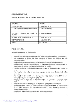   2	
  
	
  
	
  
ΣΧΕΔΙΑΣΜΟΣ	
  ΕΝΟΤΗΤΑΣ	
  
	
  
ΠΡΟΓΡΑΜΜΑΤΙΣΜΟΣ	
  ΤΩΝ	
  ΠΑΡΑΠΑΝΩ	
  ΕΝΟΤΗΤΩΝ	
  
	
  
	
  
ΕΝΟΤΗΤΕΣ	
   ΔΙΑΡΚΕΙΑ	
  
41.	
  ΕΙΔΗ	
  ΓΩΝΙΩΝ	
   1	
  ΔΙΔΑΚΤΙΚΗ	
  ΩΡΑ	
  
42.	
  ΕΙΔΗ	
  ΤΡΙΓΩΝΩΝ	
  ΩΣ	
  ΠΡΟΣ	
  ΤΙΣ	
  ΓΩΝΙΕΣ	
   2	
  ΔΙΔΑΚΤΙΚΕΣ	
  ΩΡΕΣ	
  
43.	
   ΕΙΔΗ	
   ΤΡΙΓΩΝΩΝ	
   ΩΣ	
   ΠΡΟΣ	
   ΤΙΣ	
  
ΠΛΕΥΡΕΣ	
  
2	
  ΔΙΔΑΚΤΙΚΕΣ	
  ΩΡΕΣ	
  
44.	
  ΚΑΘΕΤΟΤΗΤΑ-­‐ΥΨΗ	
  ΤΡΙΓΩΝΟΥ	
   1	
  ΔΙΔΑΚΤΙΚΗ	
  ΩΡΑ	
  
ΤΕΣΤ	
  ΑΞΙΟΛΟΓΗΣΗΣ	
   1	
  ΔΙΔΑΚΤΙΚΗ	
  ΩΡΑ	
  
PROJECT	
   ΓΙΑ	
  ΤΟ	
  ΣΠΙΤΙ	
  
	
  
	
  
ΣΤΟΧΟΙ	
  ΕΝΟΤΗΤΩΝ	
  
	
  
Οι	
  μαθητές	
  θα	
  πρέπει	
  να	
  είναι	
  ικανοί:	
  
	
  
• Να	
  μην	
  ταυτίζουν	
  τη	
  γωνία	
  με	
  τις	
  πλευρές	
  της	
  ή	
  την	
  κορυφή	
  αλλά	
  με	
  το	
  «άνοιγμα».	
  
• Να	
   συγκρίνουν	
   τις	
   γωνίες	
   ως	
   προς	
   την	
   ορθή	
   με	
   χρήση	
   του	
   γνώμονα	
   και	
   του	
  
μοιρογνωμόνιου.	
  
• Να	
  χρησιμοποιούν	
  το	
  μοιρογνωμόνιο	
  για	
  να	
  μετρούν	
  και	
  να	
  φτιάχνουν	
  γωνίες.	
  
• Να	
  ονομάζουν	
  γωνίες	
  χρησιμοποιώντας	
  τα	
  μικρά	
  γράμματα	
  της	
  αλφαβήτας	
  και	
  να	
  
χρησιμοποιούν	
  σωστά	
  την	
  ορολογία	
  που	
  αφορά	
  τις	
  γωνίες.	
  
• Να	
  χρησιμοποιούν	
  τη	
  σωστή	
  ορολογία	
  που	
  αφορά	
  τα	
  τρίγωνα	
  ως	
  προς	
  τις	
  γωνίες	
  
τους.	
  
• Να	
   γνωρίζουν	
   τα	
   είδη	
   γωνιών	
   που	
   περιέχονται	
   σε	
   κάθε	
   διαφορετικό	
   είδος	
  
τριγώνου.	
  
• Να	
   γνωρίζουν	
   ότι	
   το	
   άθροισμα	
   των	
   γωνιών	
   ενός	
   τριγώνου	
   είναι	
   180°	
   και	
   να	
  
εφαρμόζουν	
  τη	
  γνώση	
  αυτή	
  σε	
  προβλήματα.	
  
• Να	
  χρησιμοποιούν	
  τη	
  σωστή	
  ορολογία	
  που	
  αφορά	
  τα	
  τρίγωνα	
  ως	
  προς	
  τις	
  πλευρές	
  
τους.	
  
• Να	
  αναλύουν	
  ένα	
  σύνθετο	
  σχήμα	
  σε	
  επιμέρους,	
  χρησιμοποιώντας	
  τρίγωνα.	
  
• Να	
  γνωρίζουν	
  την	
  έννοια	
  της	
  απόστασης	
  σημείου	
  από	
  ευθεία	
  και	
  να	
  την	
  ταυτίζουν	
  
με	
   το	
   μήκος	
   του	
   κάθετου	
   ευθύγραμμου	
   τμήματος	
   που	
   διέρχεται	
   και	
   από	
   το	
  
συγκεκριμένο	
  σημείο.	
  
• Να	
  μετρούν	
  την	
  απόσταση	
  σημείου	
  από	
  ευθύγραμμο	
  τμήμα.	
  
Επιμέλεια: Χρήστος Χαρμπής http://e-taksh.blogspot.gr σελ.74
 