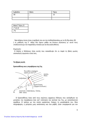   8	
  
Εμβαδόν	
   Βάση	
   Ύψος	
  
30	
   ;	
   12	
  
	
   	
   	
  
	
  
	
  
Βάση*	
  Ύψος	
  /2	
  
;*	
  12	
  /2	
  
;*6	
  
	
  
	
  
	
  
	
  	
  	
  Άρα	
  ψάχνω	
  ποιος	
  είναι	
  ο	
  αριθμός	
  που	
  αν	
  τον	
  πολλαπλασιάσω	
  με	
  το	
  έξι	
  θα	
  κάνει	
  30.	
  
(	
   οι	
   μαθητές	
   της	
   Ε΄	
   τάξης	
   δεν	
   έχουν	
   μάθει	
   να	
   λύνουν	
   εξισώσεις	
   γι’	
   αυτό	
   τους	
  
υποδεικνύουμε	
  τον	
  παραπάνω	
  πίνακα	
  για	
  να	
  διευκολυνθούν).	
  
	
  
Σημείωση:	
  
	
  	
  Ο	
   Θαλής	
   ο	
   Μιλήσιος	
   ήταν	
   αυτός	
   που	
   ανακάλυψε	
   ότι	
   οι	
   παρά	
   τη	
   βάση	
   γωνίες	
  
ισοσκελούς	
  τριγώνου	
  είναι	
  ίσες.	
  	
  
	
  
	
  
	
  
Το	
  ήξερες	
  αυτό;	
  
	
  
Ερατοσθένης	
  και	
  η	
  περιφέρεια	
  της	
  Γης	
  
	
  
	
  
	
  
	
  	
  	
  	
  	
  	
  Ο	
   Ερατοσθένης	
   ήταν	
   από	
   τους	
   πρώτους	
   αρχαίους	
   Έλληνες	
   που	
   κατόρθωσε	
   να	
  
μετρήσει	
   την	
   περιφέρεια	
   (και	
   κατ'	
   επέκταση	
   την	
   ακτίνα)	
   της	
   Γης,	
   με	
   καταπληκτική	
  
ακρίβεια.	
   Ο	
   τρόπος	
   με	
   τον	
   οποίο	
   εργάστηκε,	
   δείχνει	
   τη	
   μεγαλοφυΐα	
   του.	
   Μια	
  
πληροφορία,	
   η	
   μέτρηση	
   μιας	
   απόστασης	
   και	
   ένα	
   ραβδί,	
   ήταν	
   υπεραρκετά	
   για	
   τον	
  
Επιμέλεια: Χρήστος Χαρμπής http://e-taksh.blogspot.gr σελ.80
 