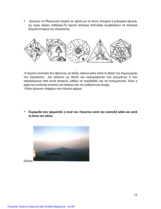   13	
  
• 	
  Δίνονται	
  τα	
  Πλατωνικά	
  στερεά	
  σε	
  σχέση	
  με	
  τα	
  πέντε	
  στοιχεία	
  ή	
  ριζώματα	
  (φωτιά,	
  
γη,	
   νερό,	
   αέρας,	
   αιθέρας).Τα	
   πρώτα	
   τέσσερα	
   πολύεδρα	
   συμβολίζουν	
   τα	
   τέσσερα	
  
δομικά	
  στοιχεία	
  του	
  σύμπαντος.	
  
	
  
	
  
	
  
	
  
	
  
	
  Η	
  πέμπτη	
  σύσταση	
  δεν	
  φαίνεται	
  να	
  παίζει	
  κάποιο	
  ρόλο	
  κατά	
  τη	
  φάση	
  της	
  δημιουργίας	
  
του	
   σύμπαντος	
   	
   και	
   ορίζεται	
   ως	
   Θεϊκή	
   και	
   εμπεριέχουσα	
   των	
   ριζωμάτων	
   ή	
   των	
  
παραγόμενων	
  από	
  αυτά	
  στερεών,	
  καθώς	
  τα	
  περιβάλλει	
  και	
  τα	
  ενσωματώνει.	
  Είναι	
  η	
  
αρχή	
  της	
  κυκλικής	
  κίνησης	
  των	
  άστρων	
  και	
  της	
  ανθρώπινης	
  ψυχής.	
  
-­‐Πόσα	
  τρίγωνα	
  υπάρχουν	
  στο	
  πέμπτο	
  σχήμα;	
  
	
  
	
  
	
  
	
  
	
  
• Πυραμίδα	
  που	
  σχηματίζει	
  η	
  σκιά	
  του	
  Ταύγετου	
  κατά	
  την	
  ανατολή	
  αλλά	
  και	
  κατά	
  
τη	
  δύση	
  του	
  ηλίου.	
  
	
  	
  	
  	
  	
  	
  	
  	
  	
  	
  
	
  	
  	
  	
  	
  	
  	
  	
  	
  	
  	
  	
  	
  	
  	
  	
  	
  	
  	
  	
  	
  	
  	
  	
  	
  	
  	
  	
  	
  	
  	
  	
  	
  	
  	
  	
  	
  	
  	
  	
  	
  	
  	
  	
  	
  	
  	
  	
  	
  	
  	
  	
  	
  	
  	
  	
  	
  	
  	
  	
  	
  	
  	
  	
  	
  	
  	
  	
  	
  	
  	
  	
  	
  	
  	
  	
  	
  	
  	
  	
  	
  	
  	
  	
  	
  	
  	
  	
  	
  	
  	
  	
  	
  	
  	
  	
  	
  	
  	
  	
  	
  	
  	
  	
  	
  	
  	
  	
  	
  	
  
(Δύση) 	
  
Επιμέλεια: Χρήστος Χαρμπής http://e-taksh.blogspot.gr σελ.85
 