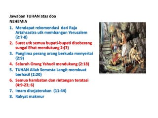 Jawaban TUHAN atas doa
NEHEMIA
1. Mendapat rekomendasi dari Raja
Artahsastra utk membangun Yerusalem
(2:7-8)
2. Surat utk semua bupati-bupati diseberang
sungai Efrat mendukung 2:(7)
3. Panglima perang orang berkuda menyertai
(2:9)
4. Seluruh Orang Yahudi mendukung (2:18)
5. TUHAN Allah Semesta Langit membuat
berhasil (2:20)
6. Semua hambatan dan rintangan teratasi
(4:9-23; 6)
7. Imam disejaterakan (11:44)
8. Rakyat makmur
 