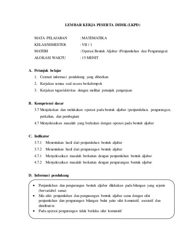 Lkpd Prosedural Operasi Bentuk Aljabar Aisyah Turidho