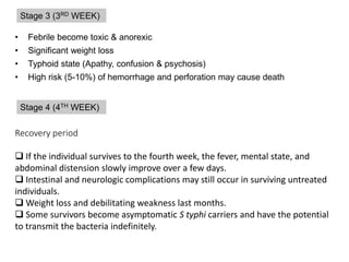 • Febrile become toxic & anorexic
• Significant weight loss
• Typhoid state (Apathy, confusion & psychosis)
• High risk (5-10%) of hemorrhage and perforation may cause death
Stage 3 (3RD WEEK)
Stage 4 (4TH WEEK)
Recovery period
 If the individual survives to the fourth week, the fever, mental state, and
abdominal distension slowly improve over a few days.
 Intestinal and neurologic complications may still occur in surviving untreated
individuals.
 Weight loss and debilitating weakness last months.
 Some survivors become asymptomatic S typhi carriers and have the potential
to transmit the bacteria indefinitely.
 