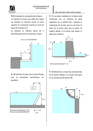 DEPARTAMENTO DE
TECNOLOGÍA
ÁREA DE MECÁNICA DE FLUIDOS
3
P.9 Considerar la compuerta de la figura.
a) Calcular la fuerza que debe ser capaz
de soportar el menisco (punto A) para
soportar la compuerta cuando el nivel de
agua de la presa es h.
b) Calcular la máxima altura de h
permitida para que la compuerta no gire.
P. 10 Calcular el peso de la masa W para
que la compuerta permanezca en
equilibrio.
P. 11 La presa mostrada en la figura está
construida con un material de pesa
específico de γC=23563 N/m3
. Calcular el
coeficiente de fricción que ha de tener la
base de la presa para que la presa no
deslice debido a la fuerza que ejerce el
agua que contiene.
P. 12 Determinar y situar las componentes
de la fuerza debida a la acción del agua
en la compuerta del sector AB.
4 m
h
Altura de la compuerta=b
L
A
Anchura compuerta b= 10 m
Peso compuerta=2000 N/m2
W
3 m
9 m
6 m
140 m
36 m
6 m
Anchura de la presa= 1 m
A
C
B
6 m
 