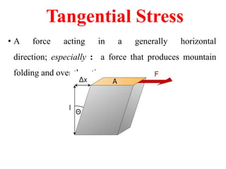 Tangential Stress
• A force acting in a generally horizontal
direction; especially : a force that produces mountain
folding and over thrusting
 