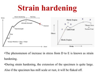 Strain hardening
•The phenomenon of increase in stress from D to E is known as strain
hardening.
•During strain hardening, the extension of the specimen is quite large.
Also if the specimen has mill scale or rust, it will be flaked off.
 