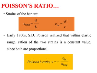 • Strains of the bar are:
POISSON’S RATIO…
long =
δ
L
lat =
δ’
r
Poisson’s ratio, ν = −
lat
long
• Early 1800s, S.D. Poisson realized that within elastic
range, ration of the two strains is a constant value,
since both are proportional.
 