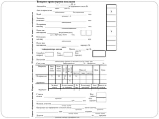 Товарно-транспортна накладна
“____” ______________20__р.
Автомобіль _____________________________до дорожнього листа №
марка держ. №
Авто підприємство _________________________________________
найменування Вид перевезення
Водій ___________________________________________________________ код
прізвище, і., б.
Замовнки
(платник) ______________________________________________________ код
найменування
Відправник
вантажу ______________________________________________________ код
сільгосппідприємство
Пункт на-
вантаження ____________ Відділення (цех),
адреса бригада, звено код
Отримувач
вантажу ______________________________________________________ код
найменування
Пункт роз-
вантаження___________________________________________ маршрут №
адреса
Інформація про вантаж Причіп __________ гар. №
держ. №
Код облік. Код Код
операції (дебет) (кредит)
Продукція _____________________________________________________________________________
найменування зернових та масляних культур, семян, трав
Сорт, клас _________________ Забрудненість _________% Вологість _______%
Операція Вид
упа-
ковки
Кіль-
кість
місць
Код
вантажу
Клас
вантажу Маса, кг Ціна Сума
брутто тара нетто
Відправлено
Прийнято
9 10 12
Х
13 14
Х
Надбавки
За цінні
сорти
За сортування
та упаковку
За
тару
За доставку
продукції
Інші
доплати
Всього до
сплати
Сума до Код
сплати ____________________________________________ (дебет)
прописом Код
_____________________________________грн.________ коп. (кредит)
Відпуск дозволив _____________________________________
посада, підпис
Продукцію до перевезення: кількість місць _____________ вагою (нетто)___________
прописом прописом
_______________________ здав _______________________ одержав _______________
посада, підпис посада, підпис
Додаток __________________________________________________ на _____ аркушах
свідоцтво, паспорт, сертифікати та ін.
Х
ХІприм.–відправниквантажуІІприм.–отримувачвантажуІІІприм.–автопілприємствоІVприм.–автопідприємству
 