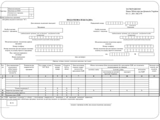 Оригінал
Видається покупцю ЗАТВЕРДЖЕНО
Наказ Міністерства фінансів України
01.11 .2011 №1379
Включено до ЄРПН
Залишається у продавця
(тип причини)
Копія (залишається у продавця)
(Потрібне виділити поміткою "Х") ПОДАТКОВА НАКЛАДНА
Дата виписки податкової накладної Порядковий номер /
Продавець
(¹) (номер філії)
Покупець
Особа (платник
податку) - продавець
Особа (платник
податку) - покупець
(найменування; прізвище, ім'я, по батькові - для фізичної особи-
підприємця)
(найменування; прізвище, ім'я, по батькові - для фізичної особи-
підприємця)
(індивідуальний податковий номер продавця) (індивідуальний податковий номер покупця)
Місцезнаходження (податкова адреса)
продавця ______________________________
Місцезнаходження (податкова адреса)
покупця ________________________________
Номер телефону Номер телефону
Номер свідоцтва про реєстрацію платника
податку на додану вартість (продавця)
Номер свідоцтва про реєстрацію платника
податку на додану вартість (покупця)
Вид цивільно-правового
договору від №
Форма проведених
розрахунків
(вид договору)
____________________________________________________________________________
(бартер, готівка, оплата з поточного рахунка, чек тощо)
Роз-
діл
Дата виникнення
податкового
зобов’язання
(постачання
(оплати²))
Номенклатура
товарів/послуг
продавця
Код товару згідно з
УКТ ЗЕД
Одиниця
виміру
товару
Кількість
(об'єм,
обсяг)
Ціна постачання
одиниці товару /
послуги без
урахування ПДВ
Обсяги постачання (база оподаткування) без урахування ПДВ, що підлягають
оподаткуванню за ставками
Загальна сума
коштів, що
підлягає
сплаті
основна ставка нульова ставка звільнення
від ПДВ³(постачання на митній
території України)
(експорт)
1 2 3 4 5 6 7 8 9 10 11 12
I
Усього по розділу I Х Х Х Х
II Зворотна (заставна) тара Х Х Х Х Х Х Х Х
ІІІ Податок на додану вартість Х Х Х Х
IV Загальна сума з ПДВ Х Х Х Х
Суми ПДВ, нараховані (сплачені) в зв'язку з постачанням товарів/послуг, зазначених у цій накладній, визначені правильно,
відповідають сумі податкових зобов'язань продавця і включені до реєстру виданих та отриманих податкових накладних.
М. П. ____________________________________________________
(підпис і прізвище особи, яка склала податкову накладну)
____________
 