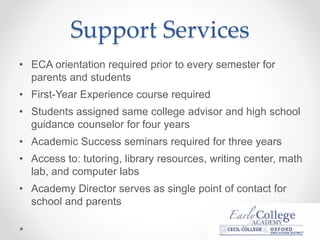 Support Services
• ECA orientation required prior to every semester for
parents and students
• First-Year Experience course required
• Students assigned same college advisor and high school
guidance counselor for four years
• Academic Success seminars required for three years
• Access to: tutoring, library resources, writing center, math
lab, and computer labs
• Academy Director serves as single point of contact for
school and parents
 