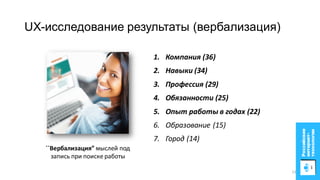 UX-исследование результаты (вербализация)
``Вербализация” мыслей под
запись при поиске работы
1. Компания (36)
2. Навыки (34)
3. Профессия (29)
4. Обязанности (25)
5. Опыт работы в годах (22)
6. Образование (15)
7. Город (14)
13
 