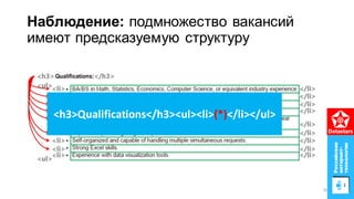 Наблюдение: подмножество вакансий
имеют предсказуемую структуру
<h3>Qualifications</h3><ul><li>(*)</li></ul>
35
 