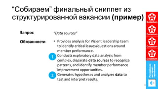 “Собираем” финальный сниппет из
структурированной вакансии (пример)
• Provides analysis for Vizient leadership team
to identify critical issues/questionsaround
member performance.
• Conducts exploratory data analysis from
complex, disparate data sources to recognize
patterns, and identify member performance
improvement opportunities.
• Generates hypotheses and analyzes data to
test and interpret results.
Обязанности
“Data sources”Запрос
1
2
48
 