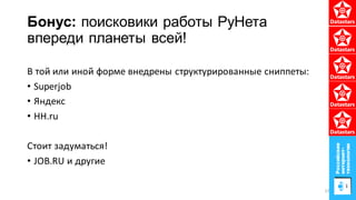 Бонус: поисковики работы РуНета
впереди планеты всей!
В той или иной форме внедрены структурированные сниппеты:
• Superjob
• Яндекс
• HH.ru
Стоит задуматься!
• JOB.RU и другие
57
 