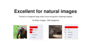 Excellent	for	natural	images
Trained	on	Imagenet	large	scale	visual	recognition	challenge	dataset
10	million	images,	1000	categories
 