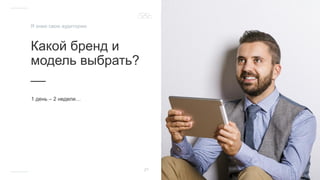 Какой бренд и
модель выбрать?
__
1 день – 2 недели…
21
Я знаю свою аудиторию
 