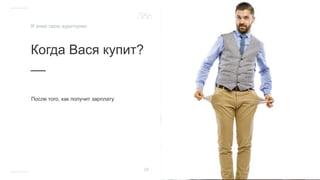 Когда Вася купит?
__
После того, как получит зарплату
23
Я знаю свою аудиторию
 