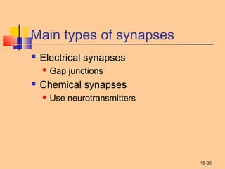 15-32
Main types of synapses
 Electrical synapses
 Gap junctions
 Chemical synapses
 Use neurotransmitters
 