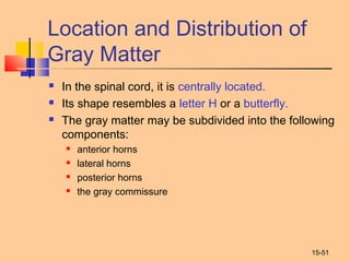 15-51
Location and Distribution of
Gray Matter
 In the spinal cord, it is centrally located.
 Its shape resembles a letter H or a butterfly.
 The gray matter may be subdivided into the following
components:
 anterior horns
 lateral horns
 posterior horns
 the gray commissure
 