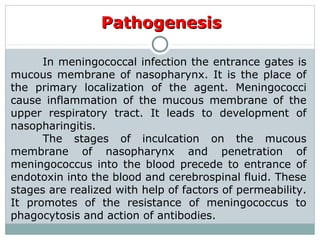 PathogenesisPathogenesis
In meningococcal infection the entrance gates is
mucous membrane of nasopharynx. It is the place of
the primary localization of the agent. Meningococci
cause inflammation of the mucous membrane of the
upper respiratory tract. It leads to development of
nasopharingitis.
The stages of inculcation on the mucous
membrane of nasopharynx and penetration of
meningococcus into the blood precede to entrance of
endotoxin into the blood and cerebrospinal fluid. These
stages are realized with help of factors of permeability.
It promotes of the resistance of meningococcus to
phagocytosis and action of antibodies.
 