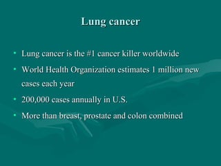 Lung cancerLung cancer
• Lung cancer is the #1 cancer killer worldwideLung cancer is the #1 cancer killer worldwide
• World Health Organization estimates 1 million newWorld Health Organization estimates 1 million new
cases each yearcases each year
• 200,000 cases annually in U.S.200,000 cases annually in U.S.
• More than breast, prostate and colon combinedMore than breast, prostate and colon combined
 