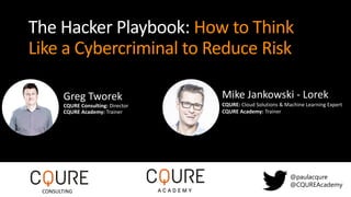 The Hacker Playbook: How to Think
Like a Cybercriminal to Reduce Risk
@paulacqure
@CQUREAcademy
CONSULTING
Greg Tworek
CQURE Consulting: Director
CQURE Academy: Trainer
Mike Jankowski - Lorek
CQURE: Cloud Solutions & Machine Learning Expert
CQURE Academy: Trainer
 