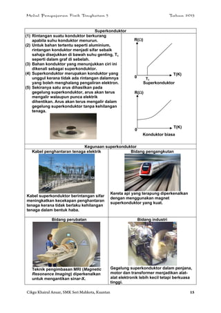 Modul Pengajaran Fizik Tingkatan 5 Tahun 2013
Cikgu Khairul Anuar, SMK Seri Mahkota, Kuantan 15
Superkonduktor
(1) Rintangan suatu konduktor berkurang
apabila suhu konduktor menurun.
(2) Untuk bahan tertentu seperti aluminium,
rintangan konduktor menjadi sifar sebaik
sahaja disejukkan di bawah suhu genting, Tc
seperti dalam graf di sebelah.
(3) Bahan konduktor yang menunjukkan ciri ini
dikenali sebagai superkonduktor.
(4) Superkonduktor merupakan konduktor yang
unggul kerana tidak ada rintangan dalamnya
yang boleh menghalang pengaliran elektron.
(5) Sekiranya satu arus dihasilkan pada
gegelung superkonduktor, arus akan terus
mengalir walaupun punca elektrik
dihentikan. Arus akan terus mengalir dalam
gegelung superkonduktor tanpa kehilangan
tenaga.
Superkonduktor
Konduktor biasa
Kegunaan superkonduktor
Kabel penghantaran tenaga elektrik
Kabel superkonduktor berintangan sifar
meningkatkan kecekapan penghantaran
tenaga kerana tidak berlaku kehilangan
tenaga dalam bentuk haba.
Bidang pengangkutan
Kereta api yang terapung diperkenalkan
dengan menggunakan magnet
superkonduktor yang kuat.
Bidang perubatan
Teknik pengimbasan MRI (Magnetic
Resonance Imaging) diperkenalkan
untuk mengantikan sinar-X.
Bidang industri
Gegelung superkonduktor dalam penjana,
motor dan transformer menjadikan alat-
alat elektronik lebih kecil tetapi berkuasa
tinggi.
R()
T(K)
0 Tc
R()
T(K)
0
 