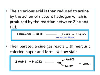 • The arsenious acid is then reduced to arsine
by the action of nascent hydrogen which is
produced by the reaction between Zinc and
HCl.
• The liberated arsine gas reacts with mercuric
chloride paper and forms yellow stain
 