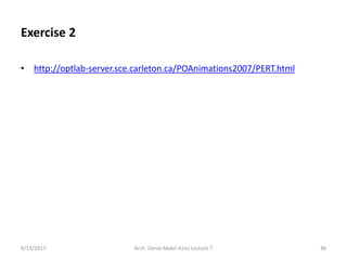 Exercise 2
• http://optlab-server.sce.carleton.ca/POAnimations2007/PERT.html
8/13/2017 Arch. Dania Abdel-Aziz/ Lecture 7 36
 