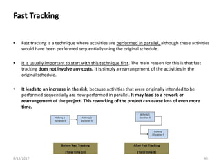 Fast Tracking
• Fast tracking is a technique where activities are performed in parallel, although these activities
would have been performed sequentially using the original schedule.
• It is usually important to start with this technique first. The main reason for this is that fast
tracking does not involve any costs. It is simply a rearrangement of the activities in the
original schedule.
• It leads to an increase in the risk, because activities that were originally intended to be
performed sequentially are now performed in parallel. It may lead to a rework or
rearrangement of the project. This reworking of the project can cause loss of even more
time.
8/13/2017 Arch. Dania Abdel-Aziz/ Lecture 7 40
 