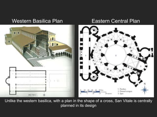 Unlike the western basilica, with a plan in the shape of a cross, San Vitale is centrally
planned in its design
Western Basilica Plan Eastern Central Plan
 