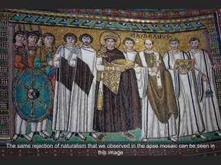 The same rejection of naturalism that we observed in the apse mosaic can be seen in
this image
 
