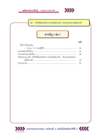 เอกสารประกอบการสอน รายวิชาเคมี 3 ระดับชั้นมัธยมศึกษาปีทีที่ 5
หน้า
ขั้นที่ 5 ขั้นประเมิน
- ใบงาน 7.2 ความรู้ที่ได้...................................................................... ..... 34
แบบทดสอบหลังเรียน...................................................................................................... 35
กระดาษคาตอบหลังเรียน ............................................................................................... 38
บันทึกคะแนน เรื่อง ปัจจัยที่มีผลต่ออัตราการเกิดปฏิกิริยาเคมี : ตัวเร่งและตัวหน่วง
ปฏิกิริยาเคมี.................................................................................................... 39
บรรณานุกรม................................................................................................................... 40
สารบัญ ( ต่อ )
 
