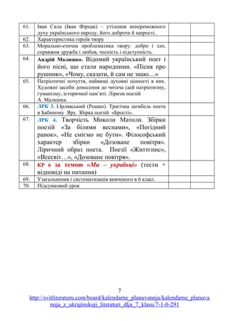61. Іван Сила (Іван Фірцак) – утілення непереможного
духу українського народу, його доброти й щирості..
62. Характеристика героїв твору
63. Морально-етична проблематика твору: добро і зло,
справжня дружба і любов, чесність і підступність.
64. Андрій Малишко. Відомий український поет і
його пісні, що стали народними. «Пісня про
рушник», «Чому, сказати, й сам не знаю…»
65. Патріотичні почуття, найвищі духовні цінності в них.
Художні засоби донесення до читача ідей патріотизму,
гуманізму, історичної пам’яті. Ліризм поезій
А. Малишка.
66. ЛРК 3. І.Ірлявський (Рошко). Трагічна загибель поета
в Бабиному Яру. Збірка поезій «Брості».
67. ЛРК 4. Творчість Миколи Матоли. Збірки
поезій «За білими веснами», «Погідний
ранок», «Не сміємо не бути». Філософський
характер збірки «Дозоване повітря».
Ліричний образ поета. Поезії «Життєпис»,
«Всесвіт…», «Дозоване повітря».
68. КР 6 за темою «Ми – українці» (тести +
відповіді на питання)
69. Узагальнення і систематизація вивченого в 6 класі.
70. Підсумковий урок
7
http://svitliteraturu.com/board/kalendarne_planuvannja/kalendarne_planuva
nnja_z_ukrajinskoji_literaturi_dlja_7_klasu/7-1-0-291
 