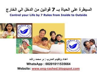 ‫اعداد‬‫المدرب‬ ‫وتقٌدم‬:‫م‬.‫محمد‬‫راشد‬
WhatsApp : 00201011535664
rashed.blogspot.com-www.engWebsite:
‫السٌطرة‬‫على‬‫الحٌاة‬‫بــ‬7‫قوانٌن‬‫من‬‫الدخل‬ً‫ال‬‫الخارج‬
Control your Life by 7 Rules from Inside to Outside
 