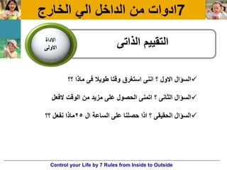 7‫الخارج‬ ً‫ال‬ ‫الداخل‬ ‫من‬ ‫ادوات‬
‫الذاتى‬ ‫التقٌٌم‬‫االداة‬
‫االولى‬
‫؟؟‬ ‫ماذا‬ ‫فى‬ ‫طوٌال‬ ‫وقتا‬ ‫استغرق‬ ‫اننى‬ ‫؟‬ ‫االول‬ ‫السؤال‬
‫الفعل‬ ‫الوقت‬ ‫من‬ ‫مزٌد‬ ‫على‬ ‫الحصول‬ ‫اتمنى‬ ‫؟‬ ‫الثانى‬ ‫السؤال‬
‫ال‬ ‫الساعة‬ ‫على‬ ‫حصلنا‬ ‫اذا‬ ‫؟‬ ‫الحقٌقى‬ ‫السؤال‬25‫؟؟‬ ‫نفعل‬ ‫ماذا‬
Control your Life by 7 Rules from Inside to Outside
 
