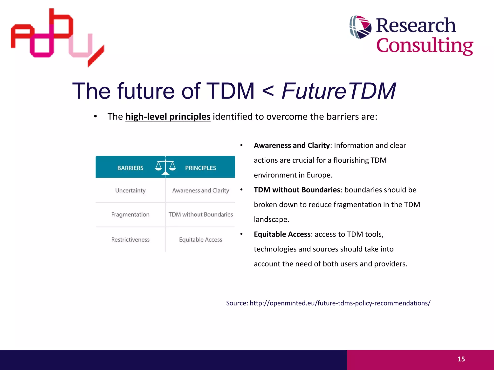 • The high-level principles identified to overcome the barriers are:
15
The future of TDM < FutureTDM
• Awareness and Clarity: Information and clear
actions are crucial for a flourishing TDM
environment in Europe.
• TDM without Boundaries: boundaries should be
broken down to reduce fragmentation in the TDM
landscape.
• Equitable Access: access to TDM tools,
technologies and sources should take into
account the need of both users and providers.
Source: http://openminted.eu/future-tdms-policy-recommendations/
 
