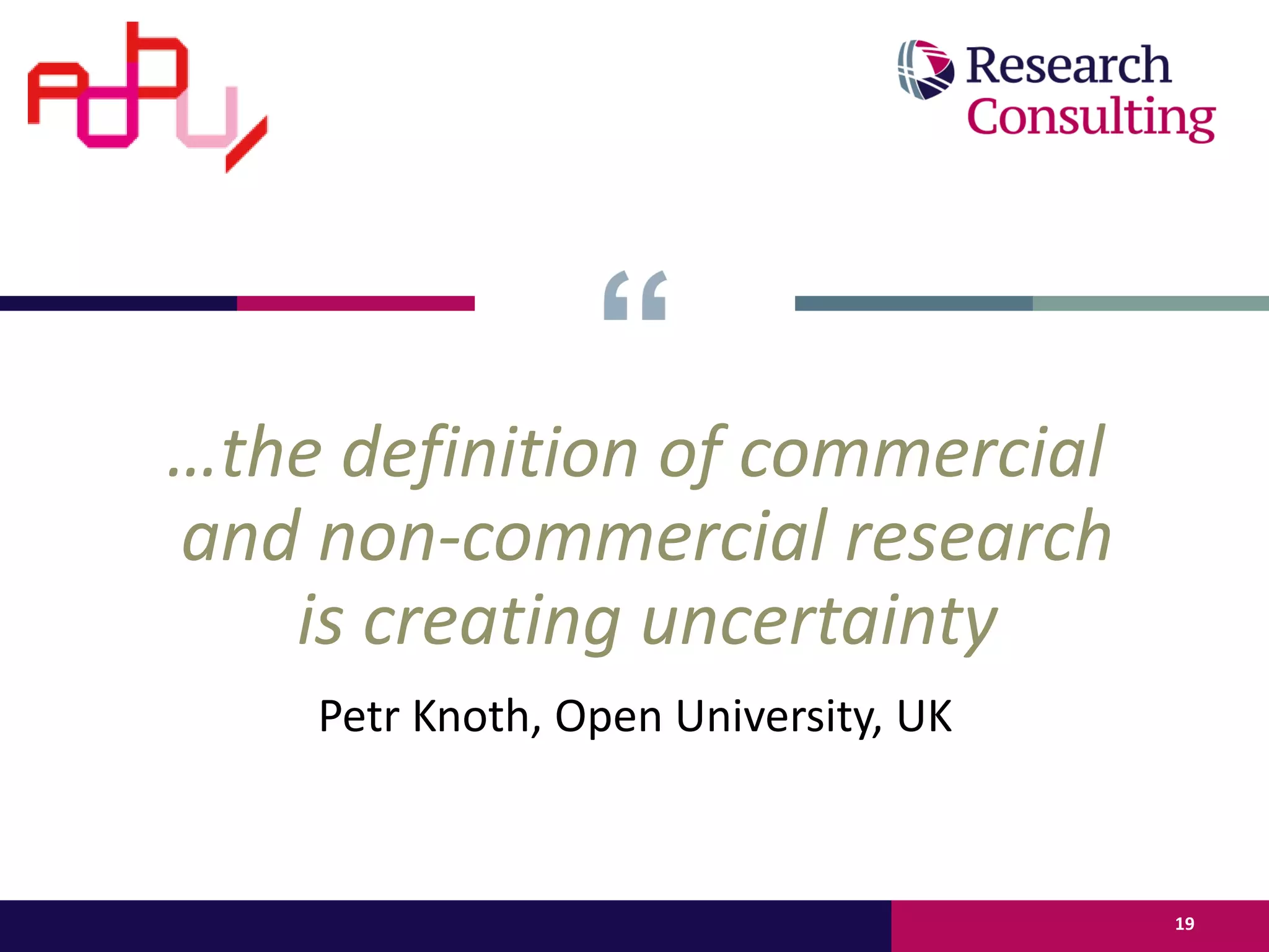 …the definition of commercial
and non-commercial research
is creating uncertainty
Petr Knoth, Open University, UK
19
 
