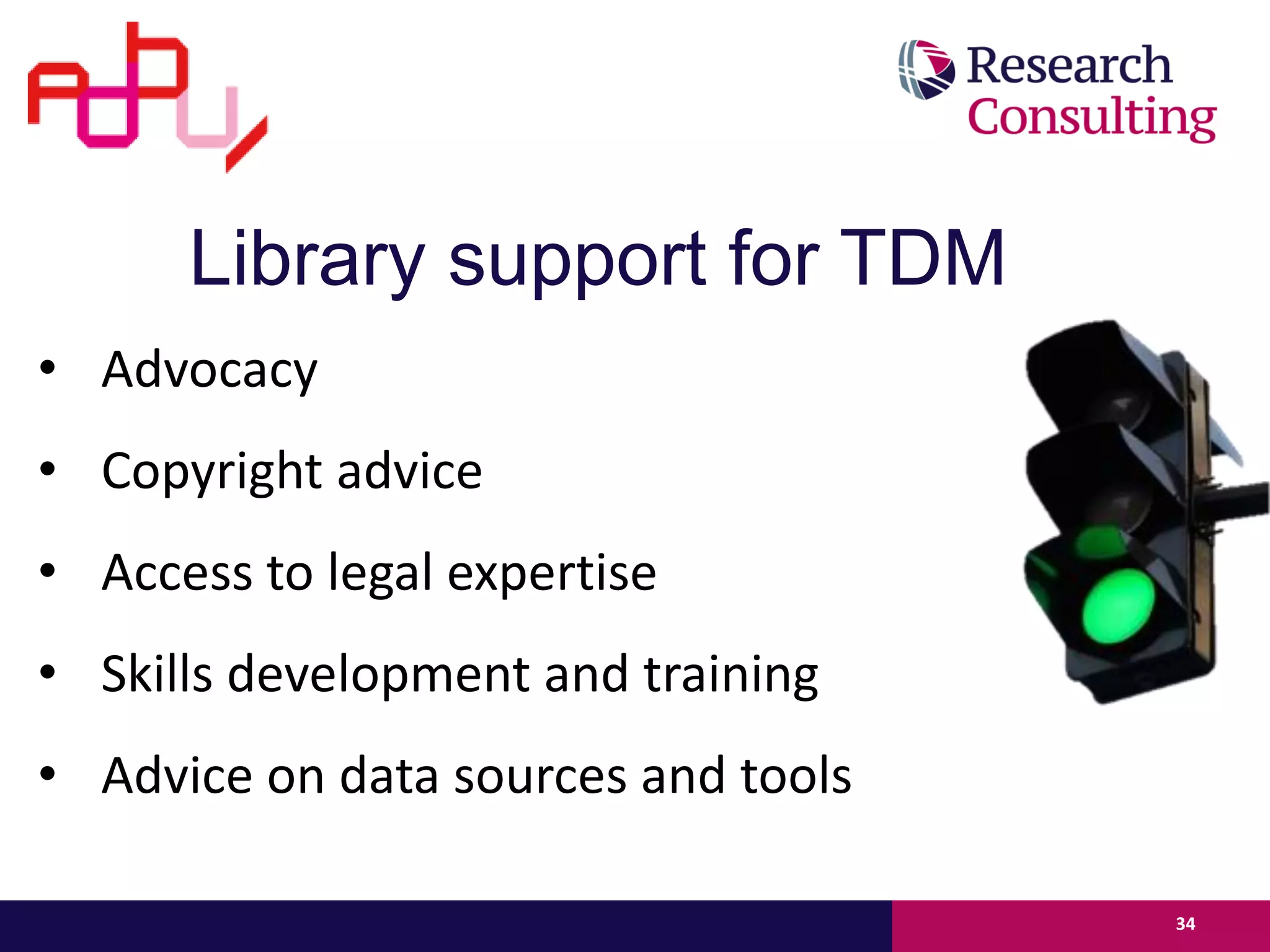 Library support for TDM
• Advocacy
• Copyright advice
• Access to legal expertise
• Skills development and training
• Advice on data sources and tools
34
 