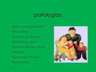 patologias
●
Labio y paladar hendido
●
Úvula bífida
●
Luxación de cadera
●
Estenosis de píloro
●
Defectos del tubo neural
●
Diabetes
●
Hipertensión arterial
●
Esquizofrenia
●
 
