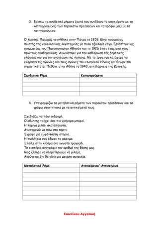 Σιαντίκου Αγγελική
3. Βρίσκω τα συνδετικά ρήματα (αυτά που συνδέουν το υποκείμενο με το
κατηγορούμενο) των παρακάτω προτάσεων και τα γράφω μαζί με τα
κατηγορούμενα:
Ο Κωστής Παλαμάς γεννήθηκε στην Πάτρα το 1859. Είναι κορυφαίος
ποιητής της νεοελληνικής λογοτεχνίας με πολύ αξιόλογο έργο. Εργάστηκε ως
γραμματέας του Πανεπιστημίου Αθηνών και το 1926 έγινε ένας από τους
πρώτους ακαδημαϊκούς. Αγωνίστηκε για την καθιέρωση της δημοτικής
γλώσσας και για την ανανέωση της ποίησης. Με το έργο του κατάφερε να
εκφράσει τις αγωνίες και τους αγώνες του ελληνικού έθνους και θεωρείται
σημαντικότατο. Πέθανε στην Αθήνα το 1943, στη διάρκεια της Κατοχής.
Συνδετικό Ρήμα Κατηγορούμενο
4. Υπογραμμίζω τα μεταβατικά ρήματα των παρακάτω προτάσεων και τα
γράφω στον πίνακα με τα αντικείμενά τους.
Σχεδιάζω να πάω εκδρομή.
Ο αθλητής τρέχει όσο πιο γρήγορα μπορεί.
Η Κορίνα μιλάει ακατάπαυστα.
Ανυπομονώ να πάω στο πάρτι.
Έγραψε μία ευφάνταστη ιστορία.
Η πωλήτρια σού έδωσε το φόρεμα.
Έπαιξε στην κιθάρα ένα γνωστό τραγούδι.
Το εισιτήριο αναγράφει τον αριθμό της θέσης μας.
Μας ζήτησε να σταματήσουμε να μιλάμε.
Ακούγεται ότι θα γίνει μια μεγάλη συναυλία.
Μεταβατικό Ρήμα Αντικείμενο/ Αντικείμενα
 