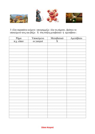 Σάσα Κιορπέ
3 ) Στο παραπάνω κείμενο υπογραμμίζω όλα τα ρήματα , βρίσκω το
υποκείμενό τους και βάζω Χ στη στήλη μεταβατικό ή αμετάβατο :
Ρήμα Υποκείμενο Μεταβατικό Αμετάβατο
π.χ. είπαν οι γιατροί Χ
 