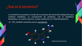 La serotonina se produce a través de un proceso de conversión bioquímica que
combina triptófano, un componente de proteínas, con la triptófano
hidroxilasa, un reactor químico. Juntos conforman la 5-hidroxitriptamina
(5 - HT), también conocida como la serotonina.
Molécula de Serotonina
 