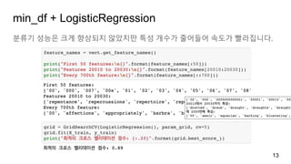 min_df + LogisticRegression
분류기 성능은 크게 향상되지 않았지만 특성 개수가 줄어들어 속도가 빨라집니다.
13
 